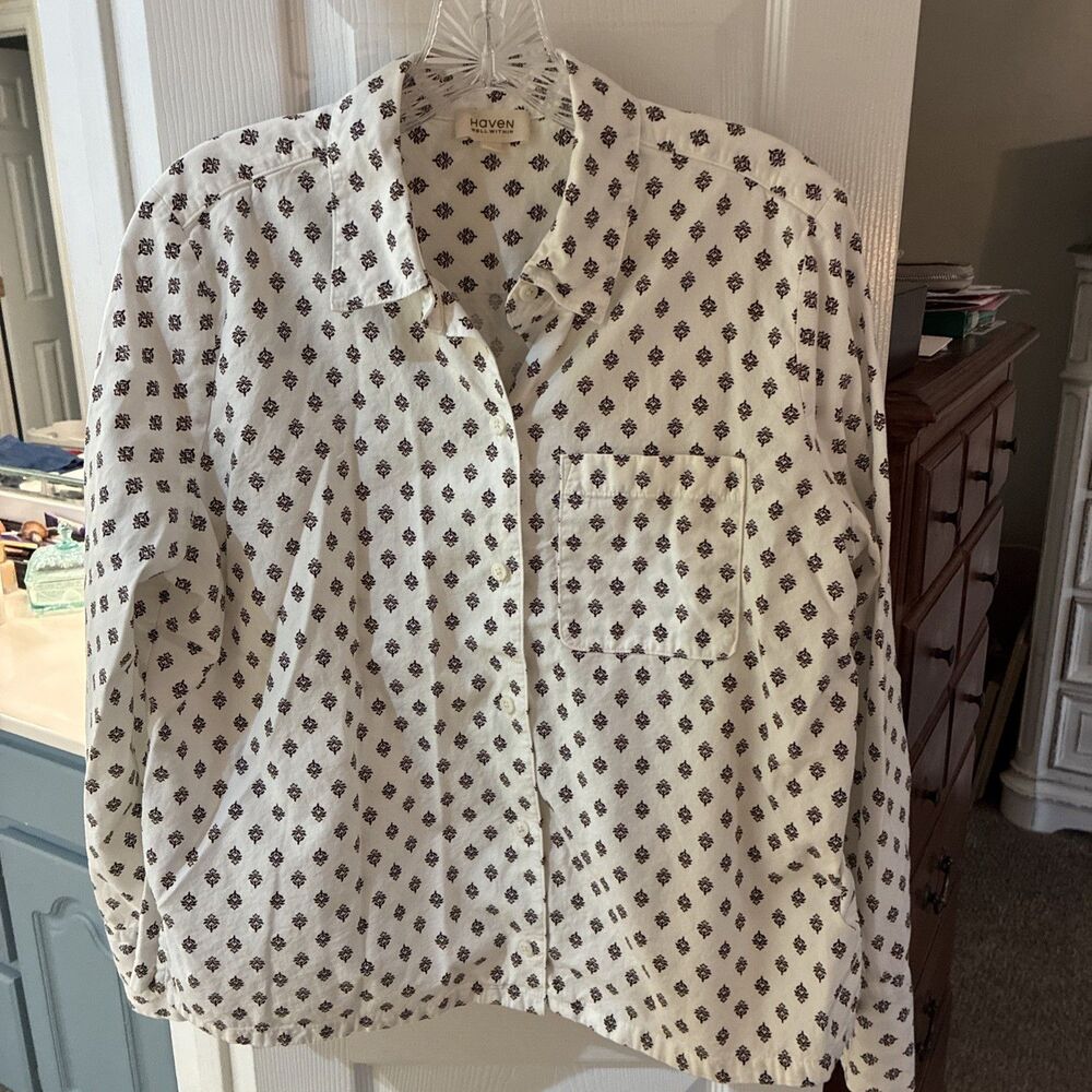 Haven Well Within Ivory With Brown Print Organic Cotton Shirt SZ M